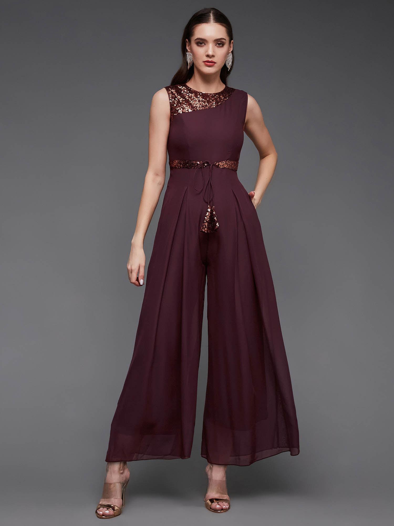 wine solid relaxed fit sleeveless round neck regular length straight jumpsuit