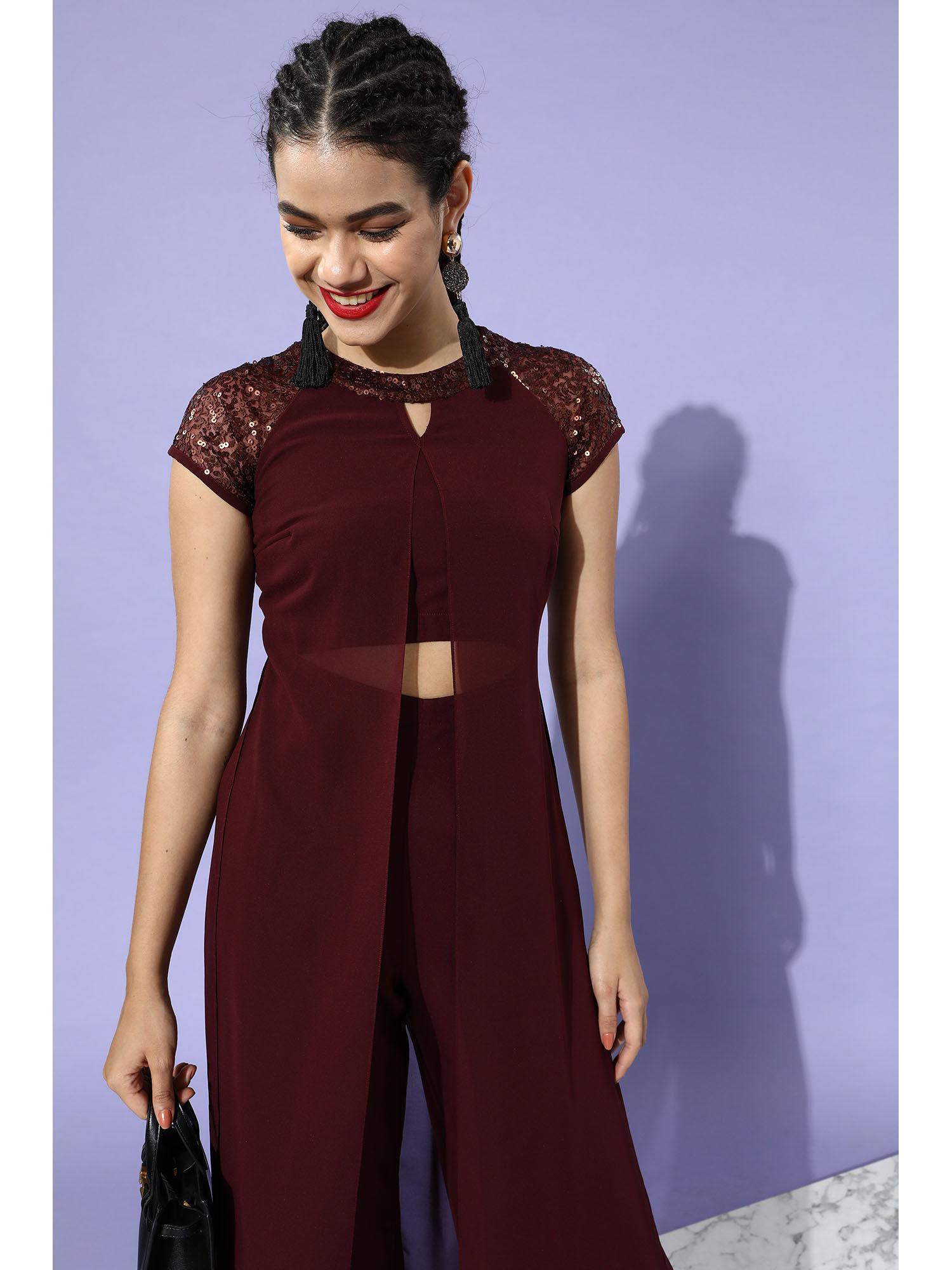 wine solid round neck short sleeves sequin panel layered embellished jumpsuit