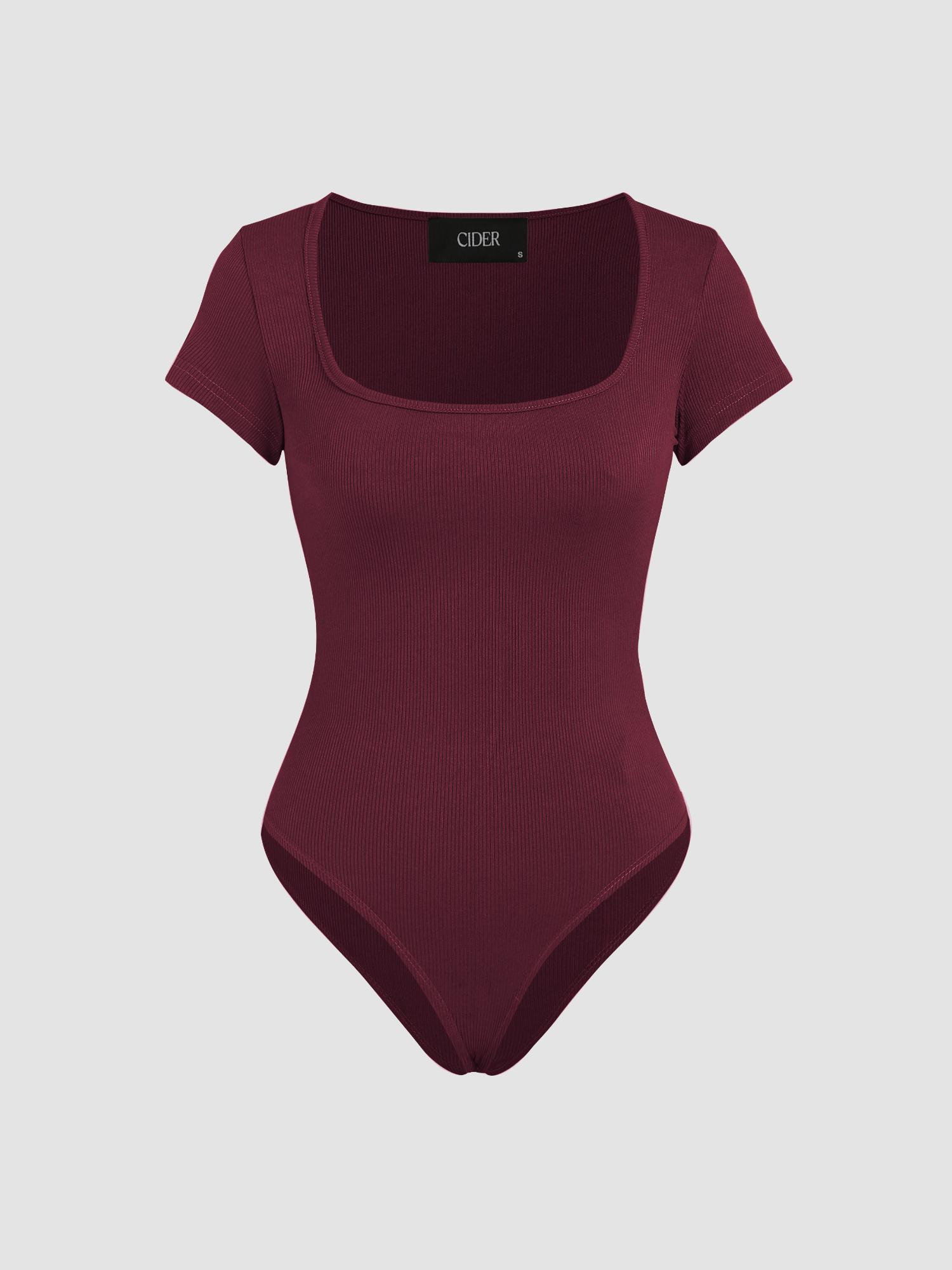 wine solid square neck short sleeve bodysuit