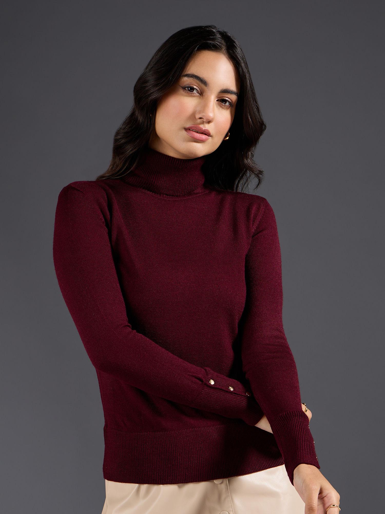 wine solid turtle neck buttoned cuffs sweater top