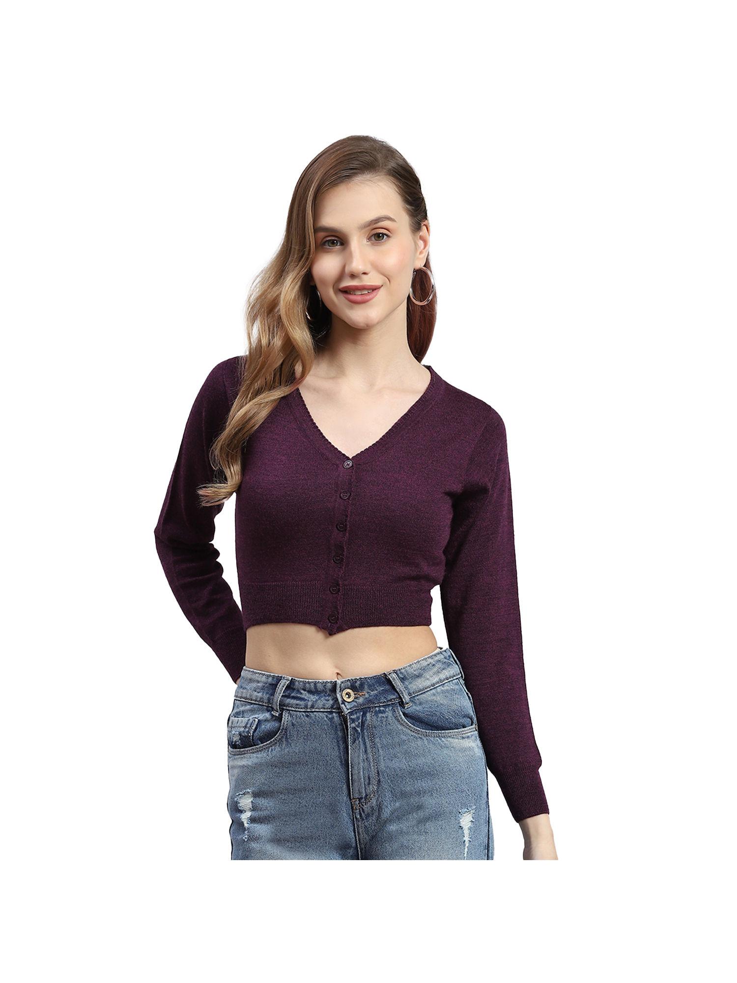 wine solid v-neck full sleeves cardigan