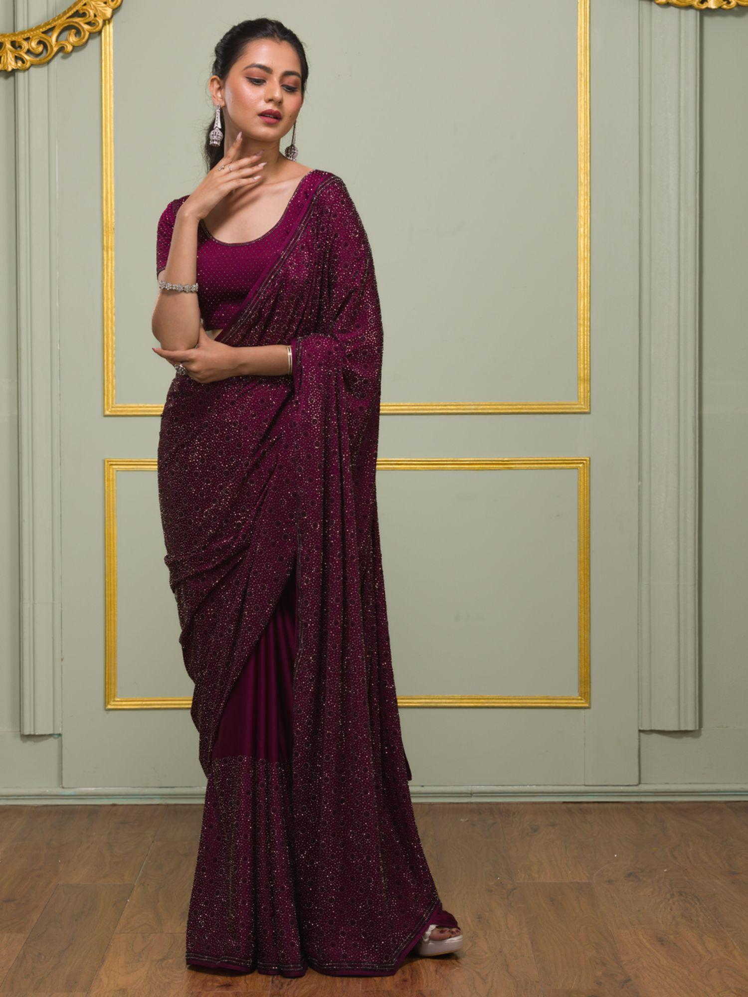 wine swarovski semi crepe saree with unstitched blouse