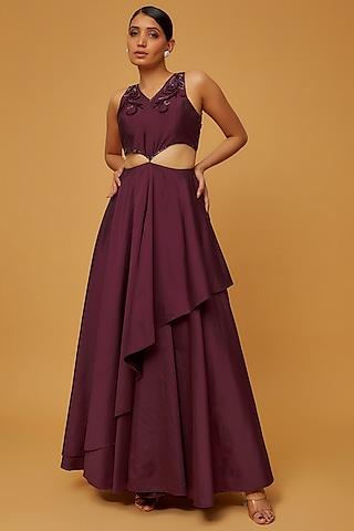 wine taffeta embroidered layered gown