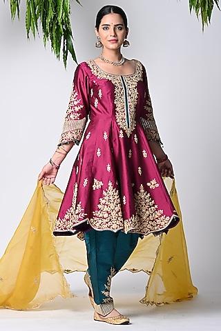 wine taffeta machine embroidered anarkali set