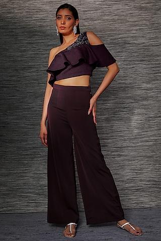 wine texture embroidered one-shoulder ruffled crop top