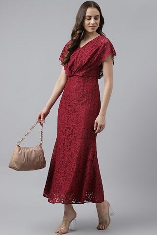 wine textured ankle-length party women regular fit dress