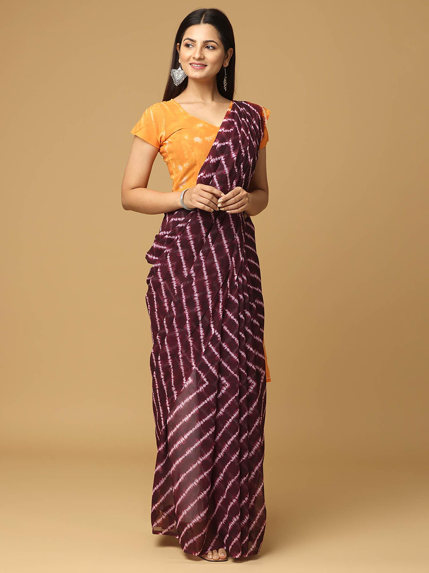 wine tie & dye dyed georgette dabu saree with unstitched blouse