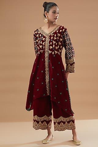 wine velvet embroidered kurta set