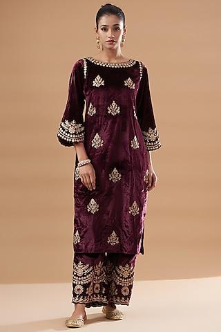 wine velvet embroidered kurta set