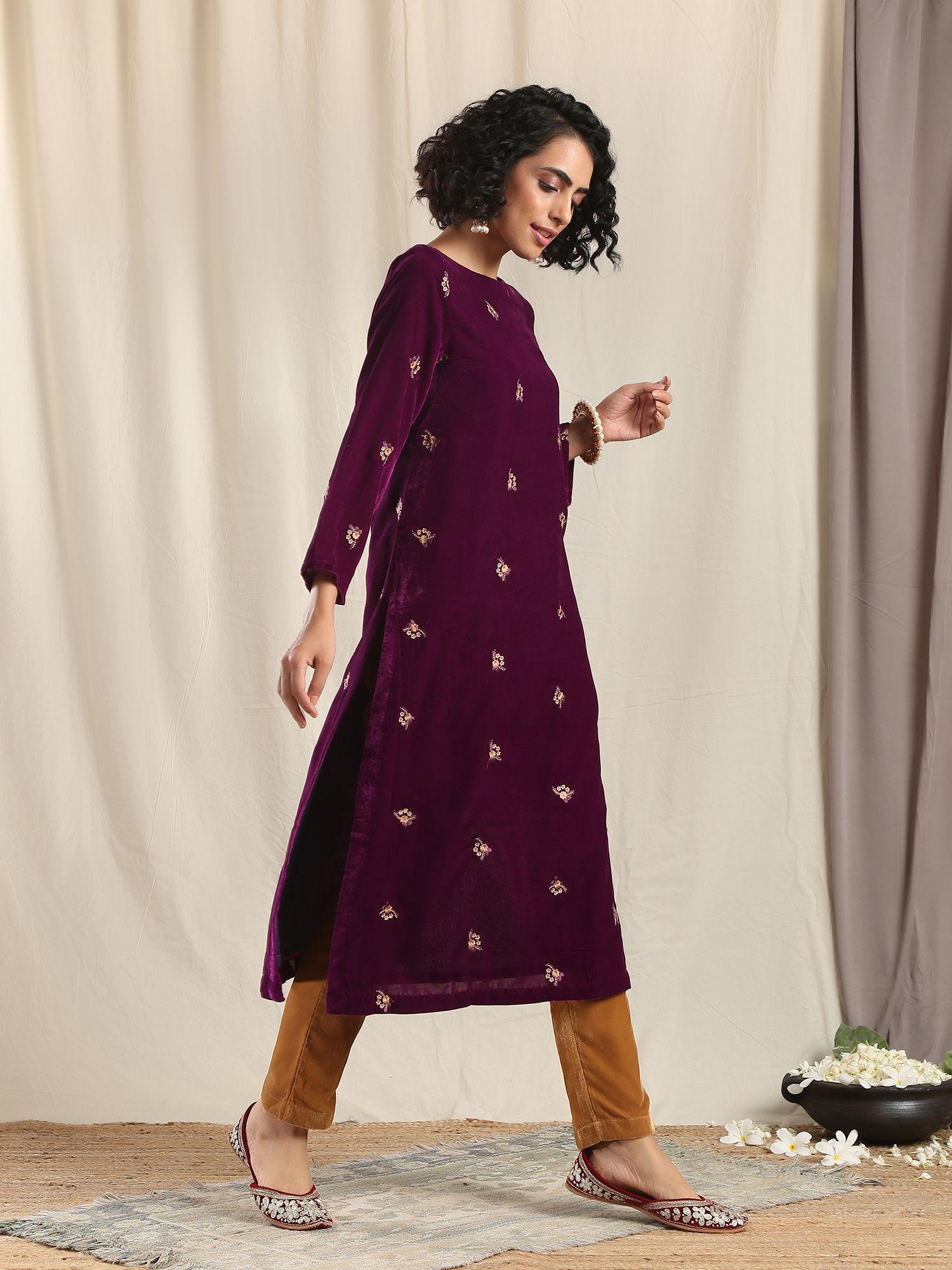 wine velvet embroidered slit kurta