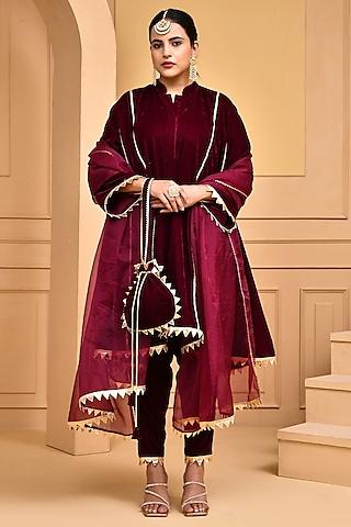 wine velvet gota lace work kurta set