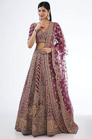 wine velvet hand & machine embroidery lehenga set