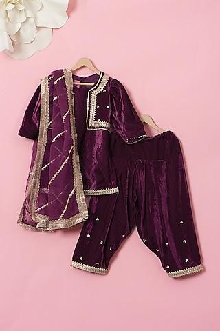 wine velvet kurta set for girls