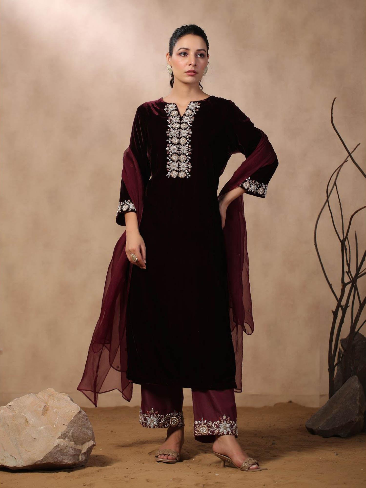 wine velvet suit with hand embroidered pants and dupatta (set of 3)