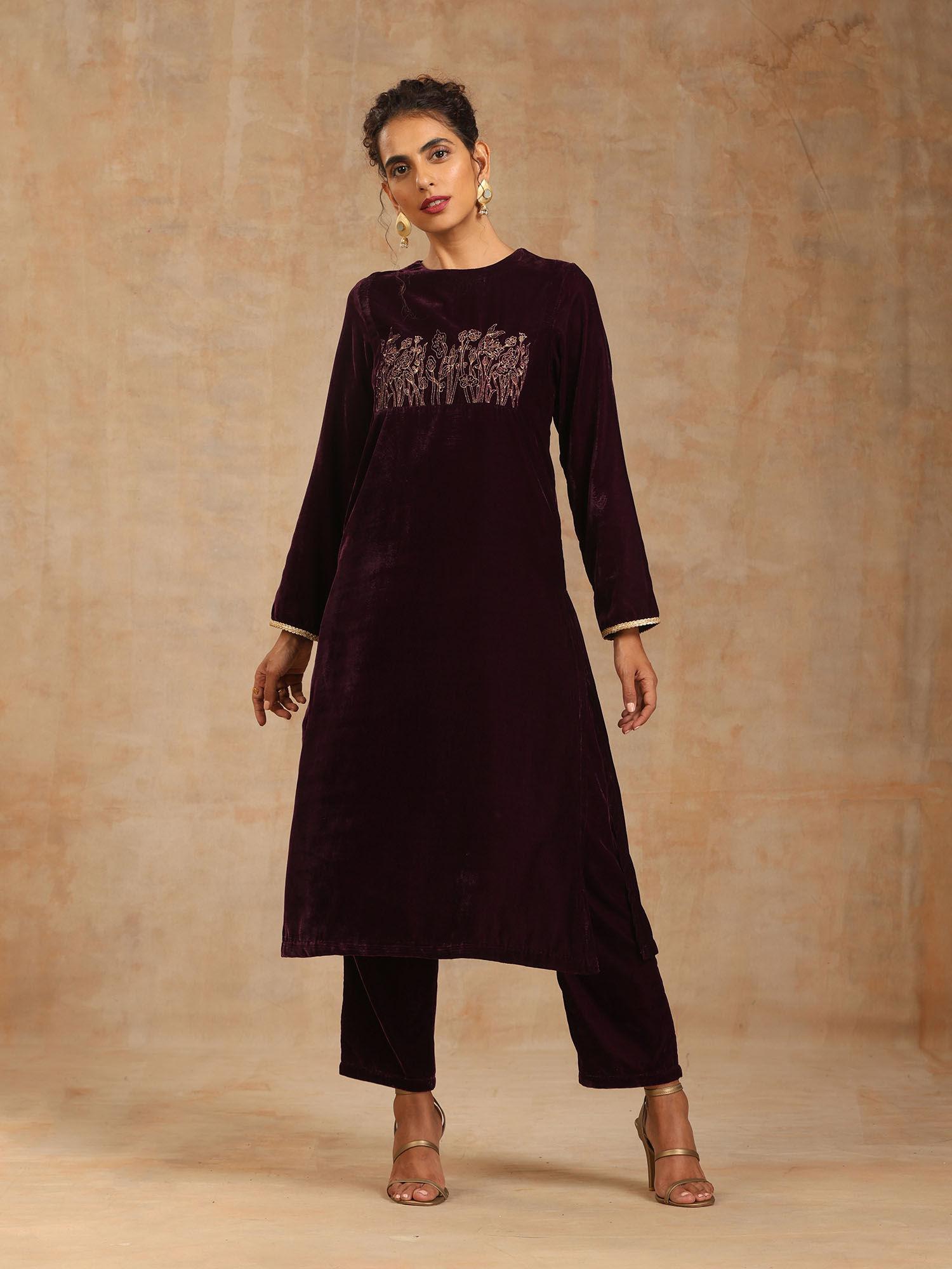 wine velvet yoke embroidered kurta