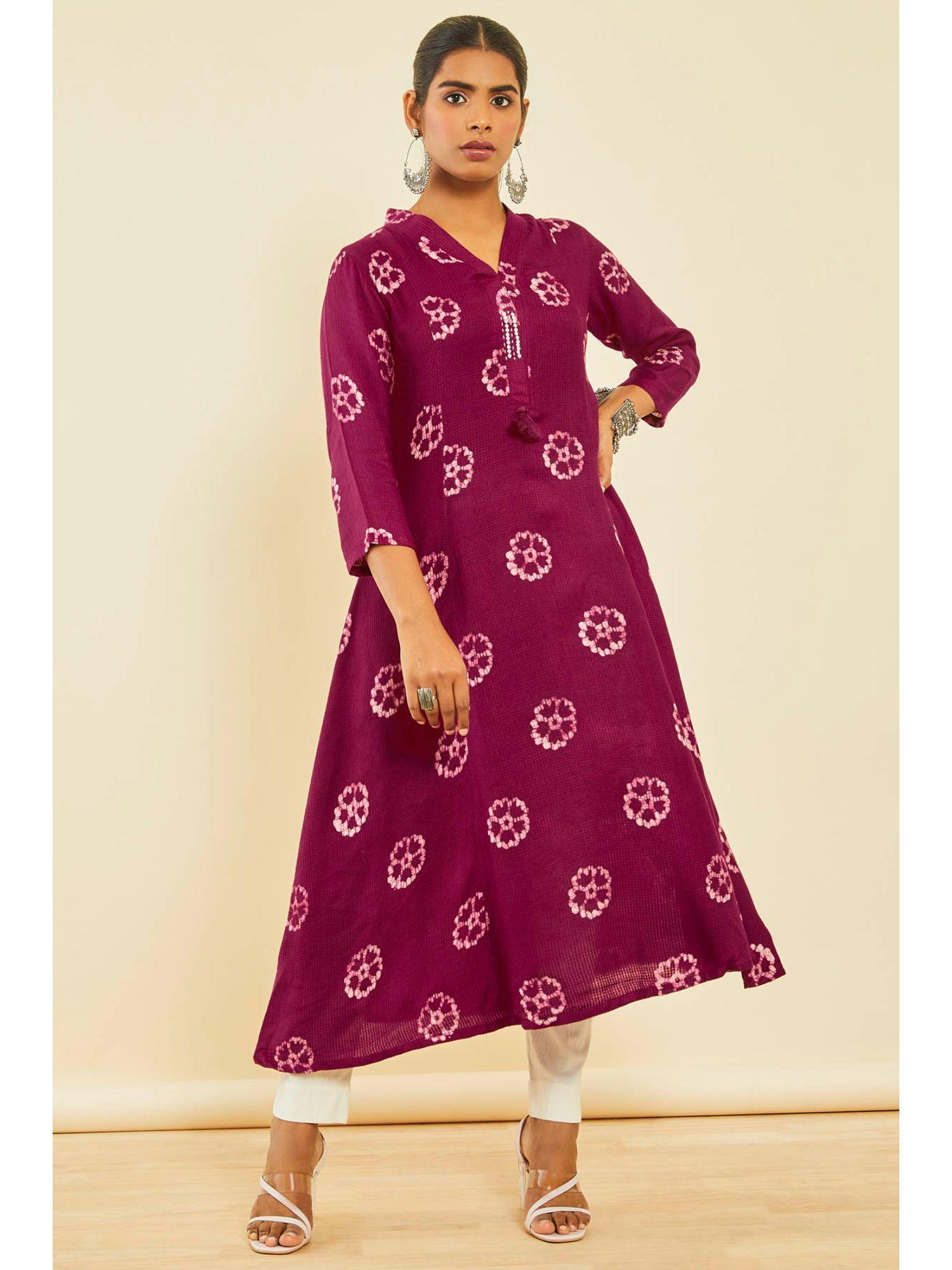 wine viscose batik print kurta with sequins