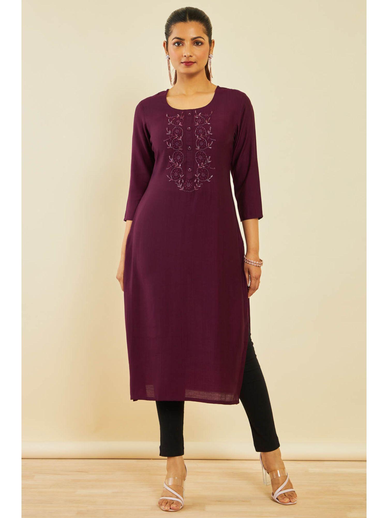 wine viscose blend kurta with cut dana