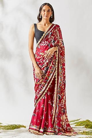 wine viscose satin georgette printed & embroidered saree set