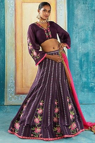 wine viscose tussar printed lehenga set