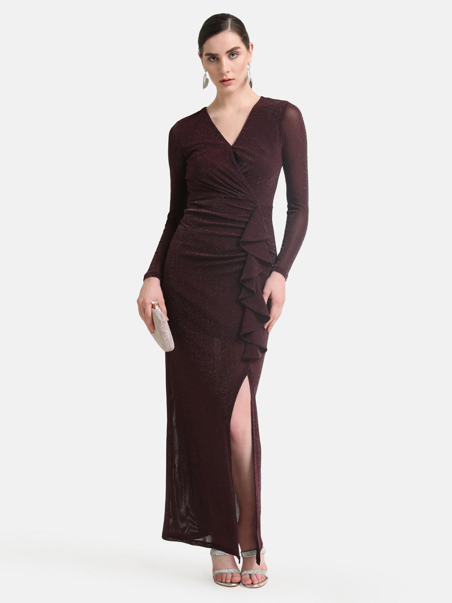 wine wrap maxi dress with long sleeves