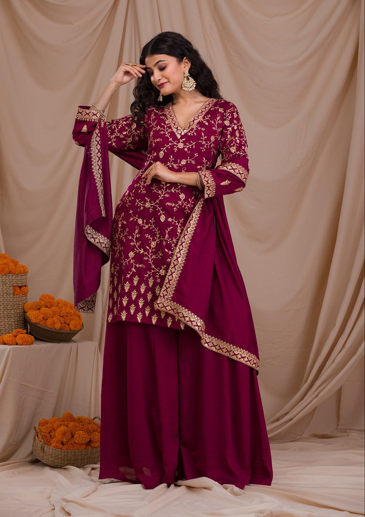 wine zariwork art silk readymade sharara suit