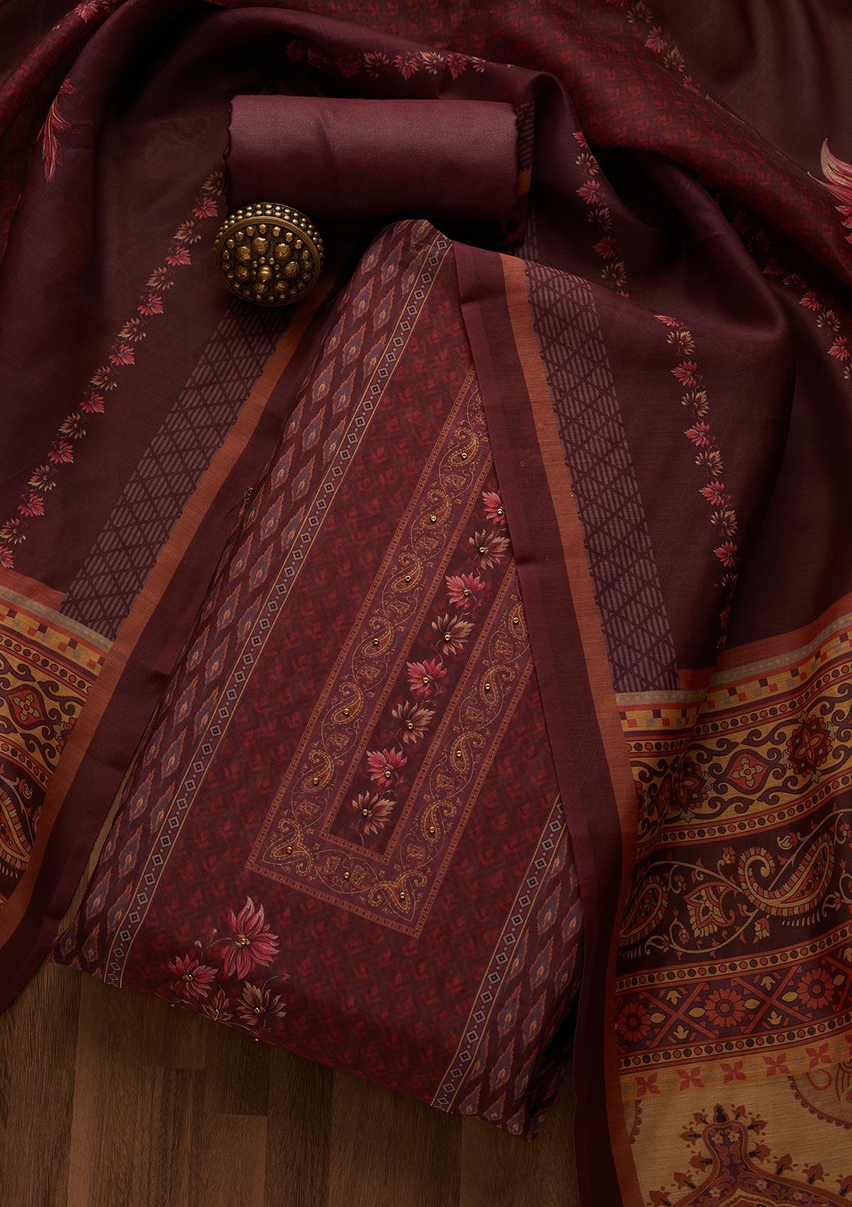 wine zariwork chanderi semi stitched salwar suit