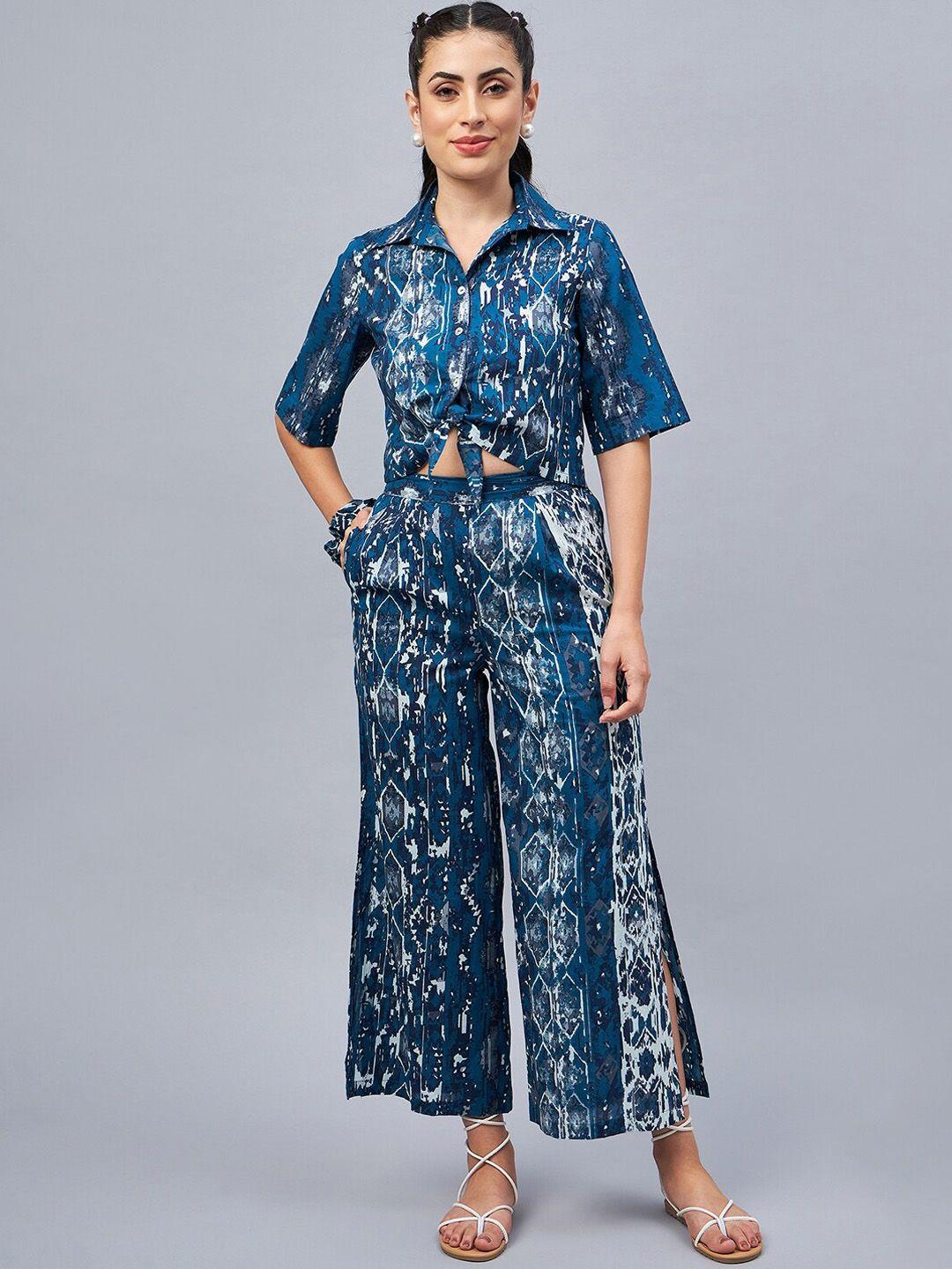 winered abstract printed front knot pure cotton crop shirt with flared pant