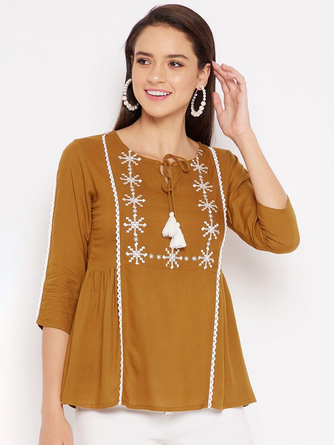 winered camel brown geometric embroidered tie-up neck a-line top