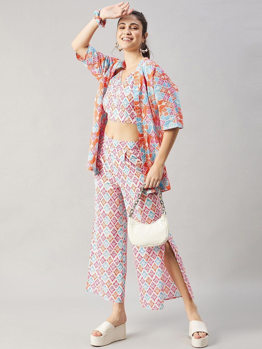 winered ethnic motifs printed pure cotton top & trousers with shrug & scrunchie