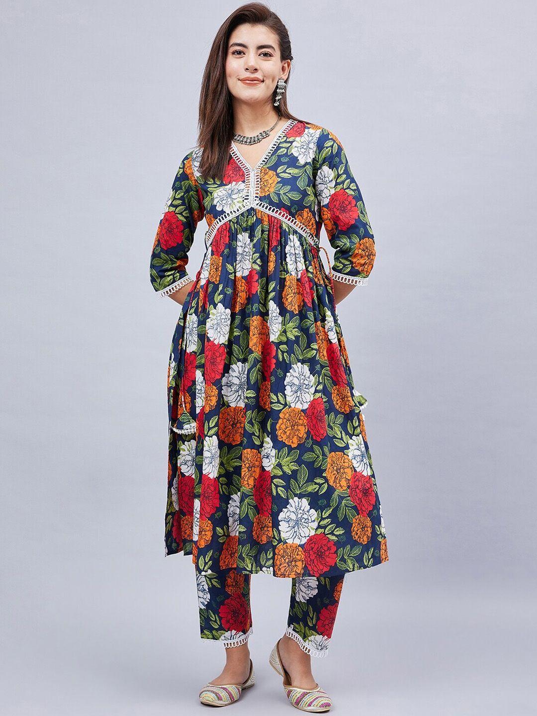 winered floral printed empire pure cotton kurta with salwar