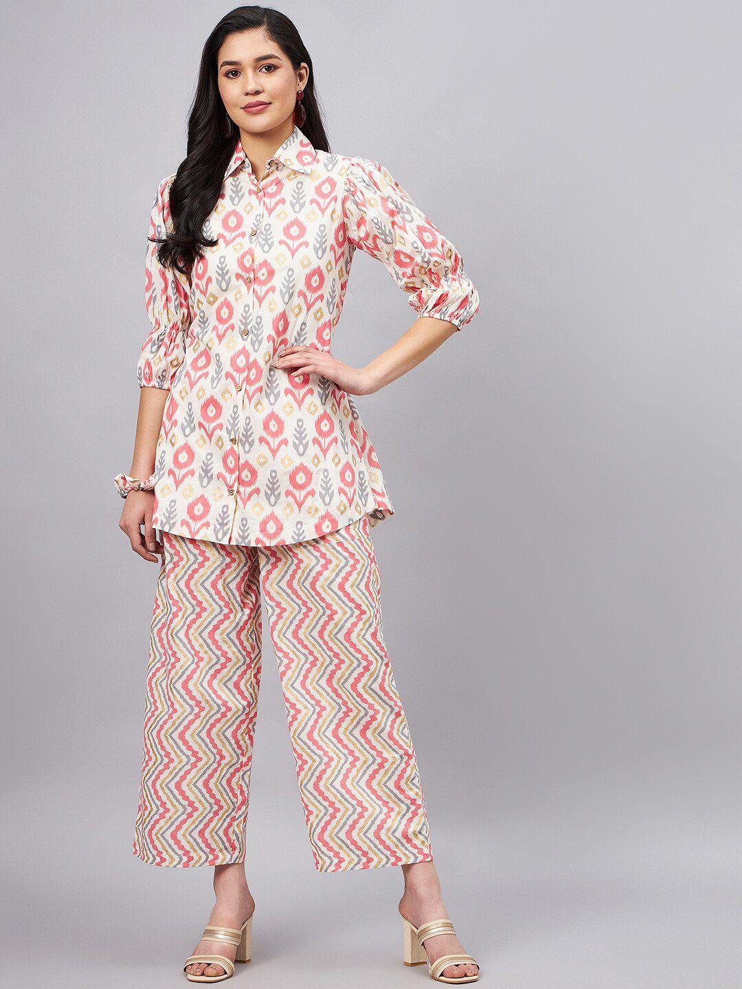 winered floral printed pure cotton shirt with flared palazzos with scrunchy