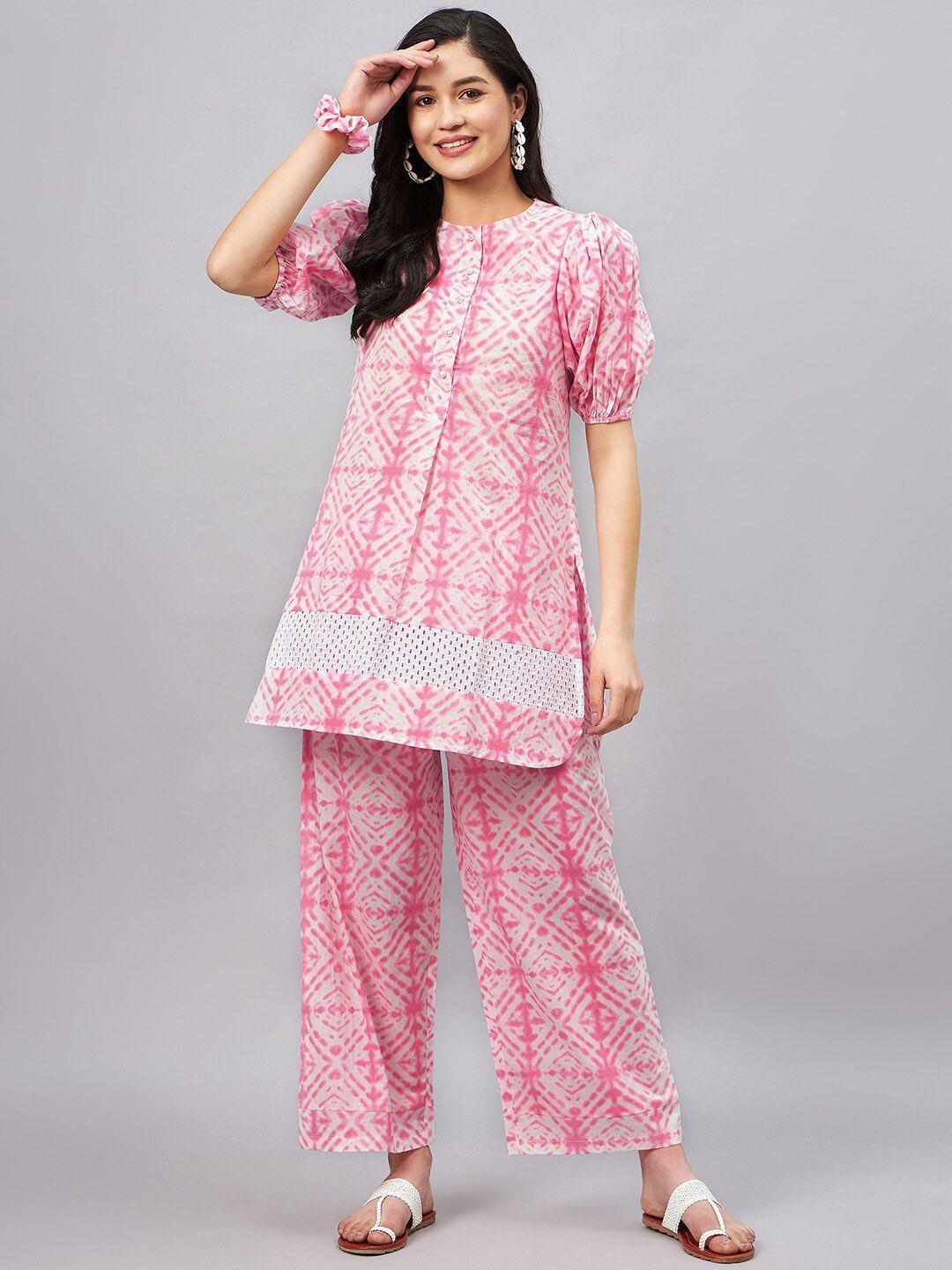 winered tie & dyed pure cotton a-line kurti with trouser