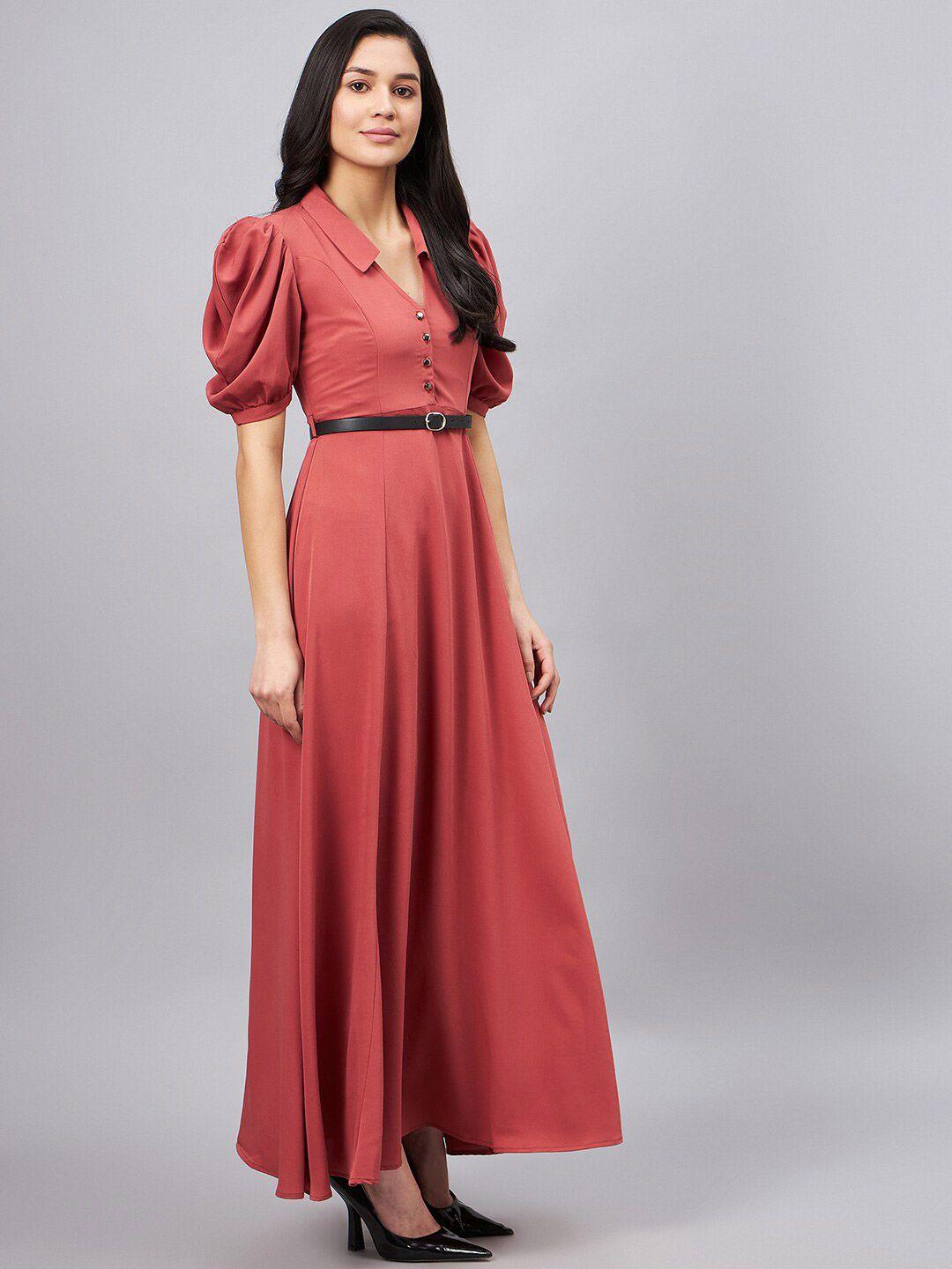 winered v-neck puff sleeve belted maxi dress