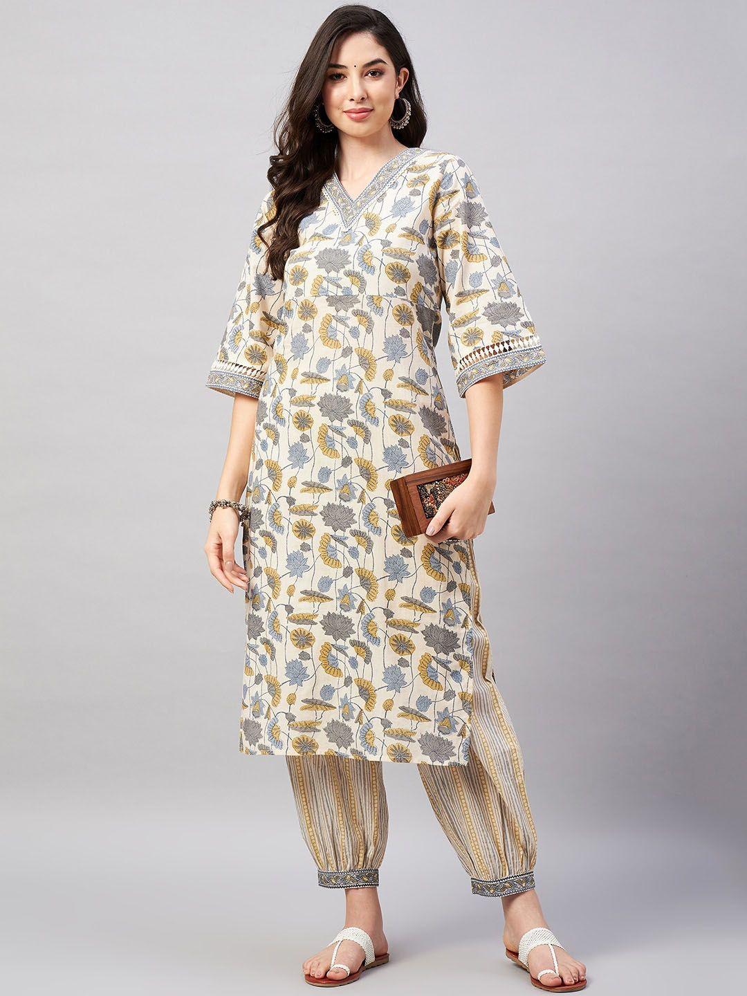 winered women beige floral printed regular pure cotton kurta with palazzos