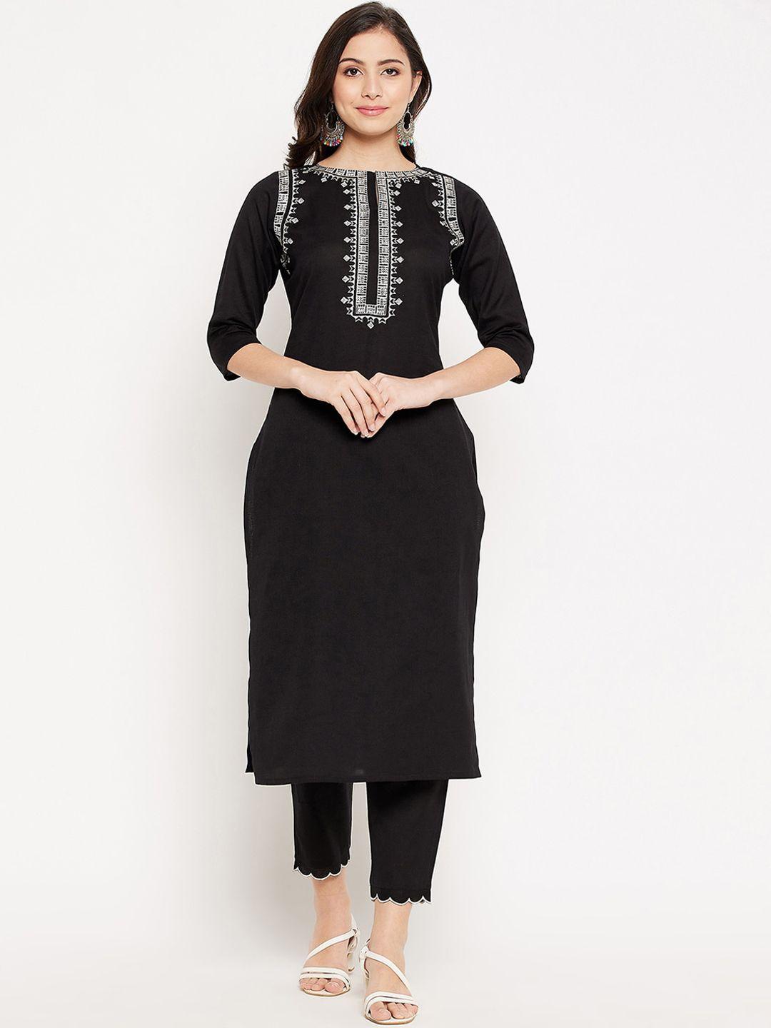 winered women black embroidered pure cotton kurta with trousers
