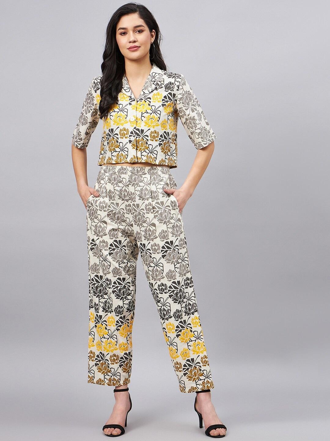 winered women printed pure cotton shirt with trouser co-ords
