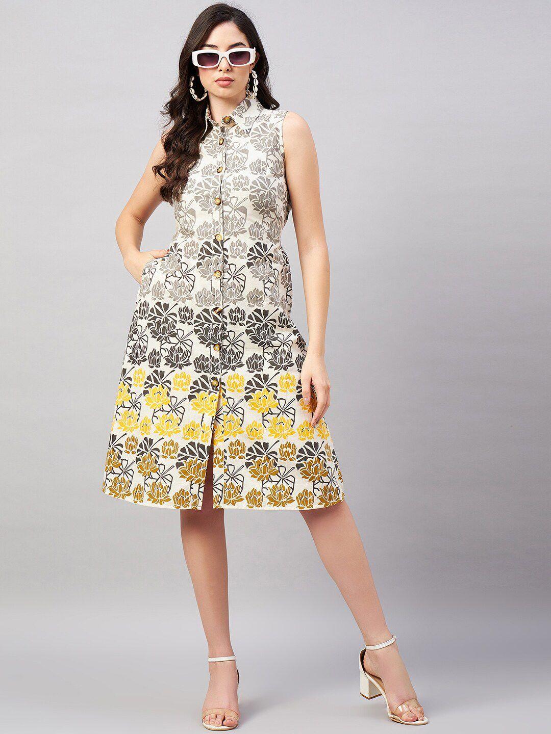 winered beige floral print shirt dress