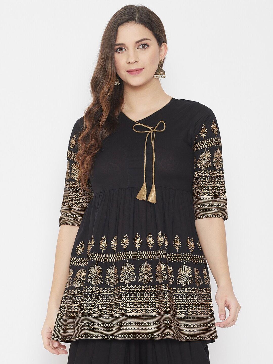 winered black & gold-toned pure cotton printed tunic