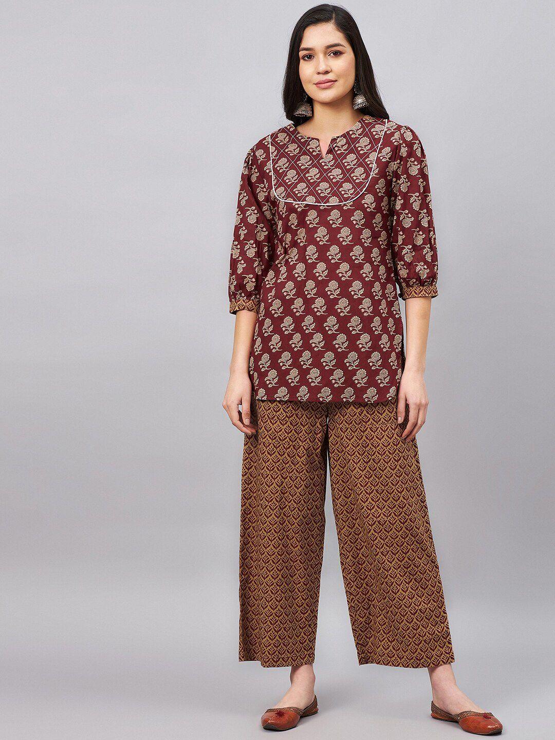 winered ethnic motifs printed pure cotton kurta set