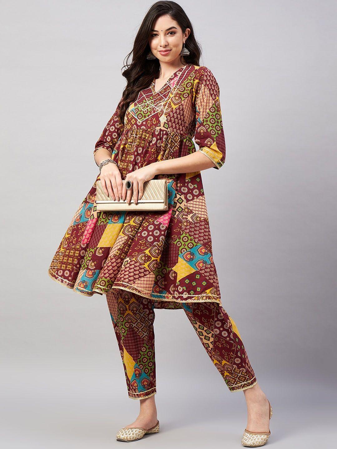 winered ethnic motifs printed regular gotta patti pure cotton kurta with trousers