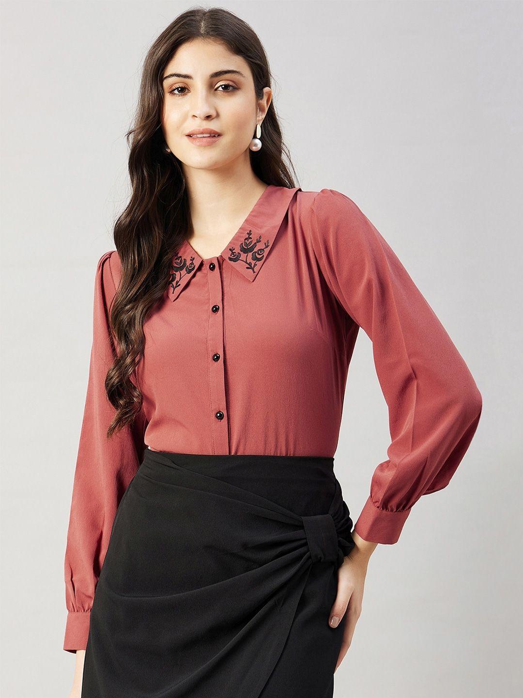winered floral embroidered shirt style top