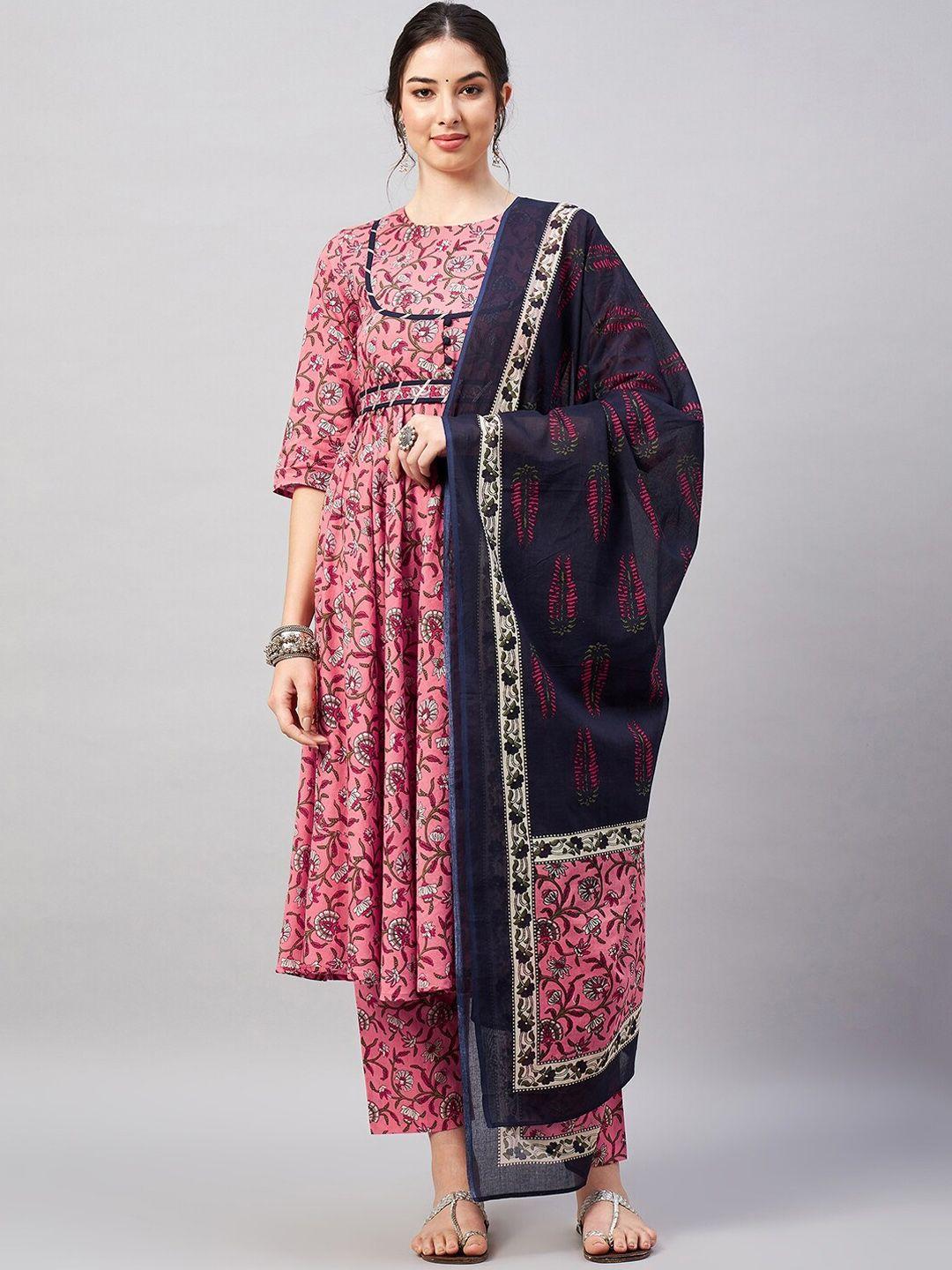 winered floral printed empire gotta patti pure cotton kurta with trousers & dupatta