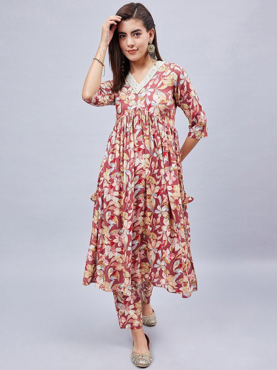 winered floral printed gotta patti empire kurta with salwar