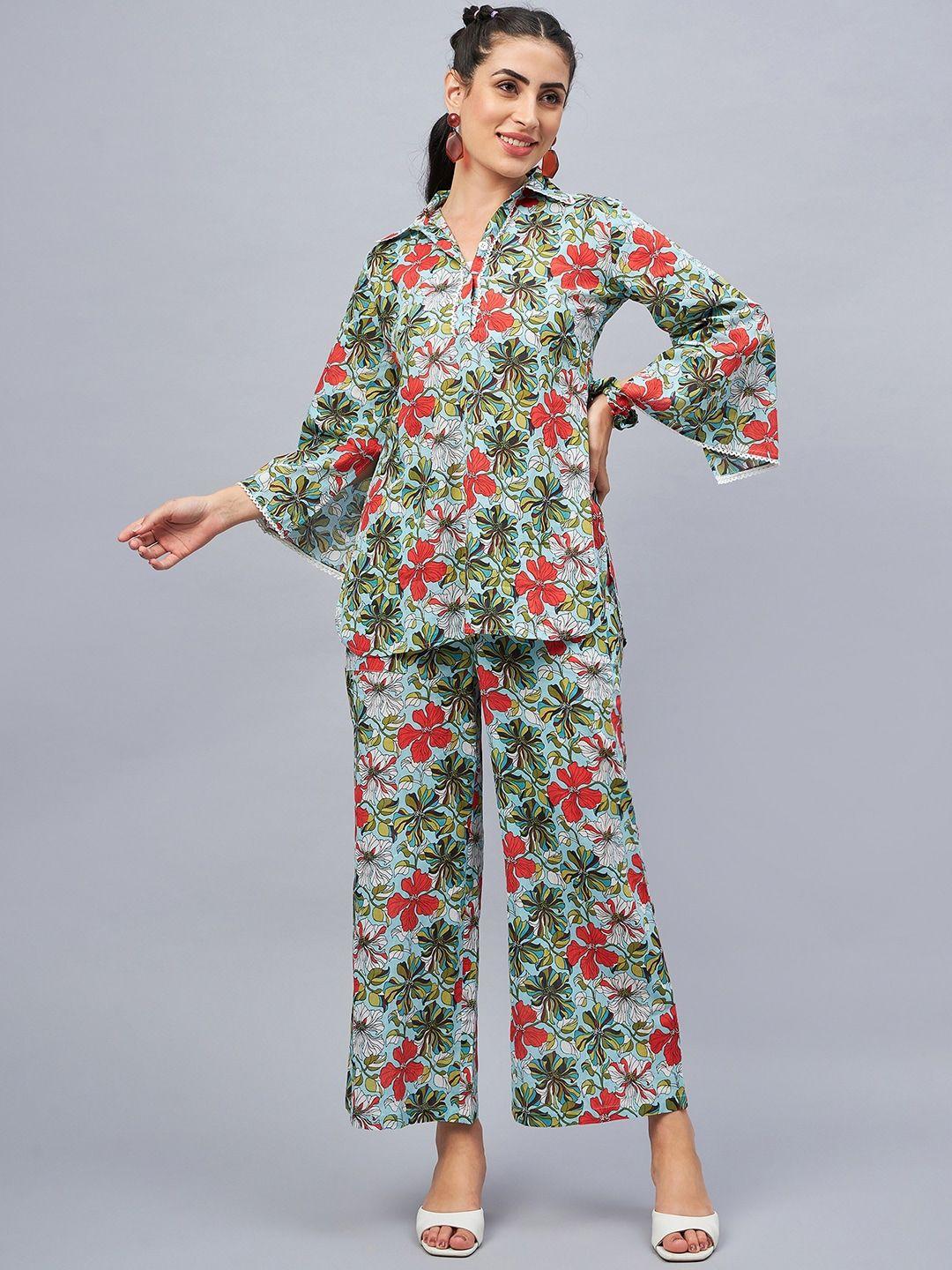 winered floral printed pure cotton top & palazzos