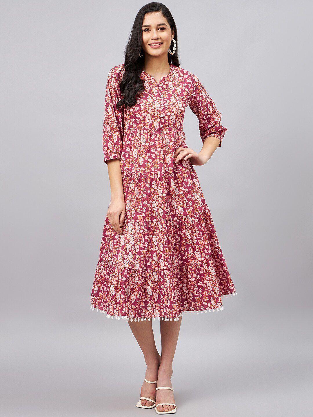 winered floral printed tiered cotton a-line midi dress