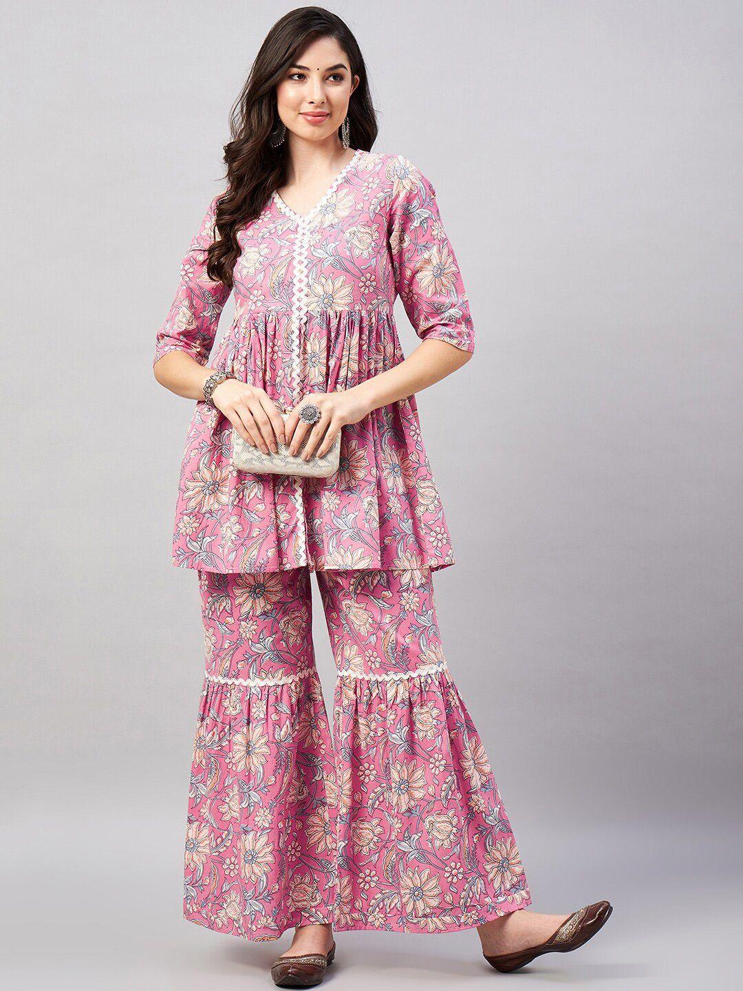 winered floral printed v-neck pleated pure cotton anarkali kurta with sharara