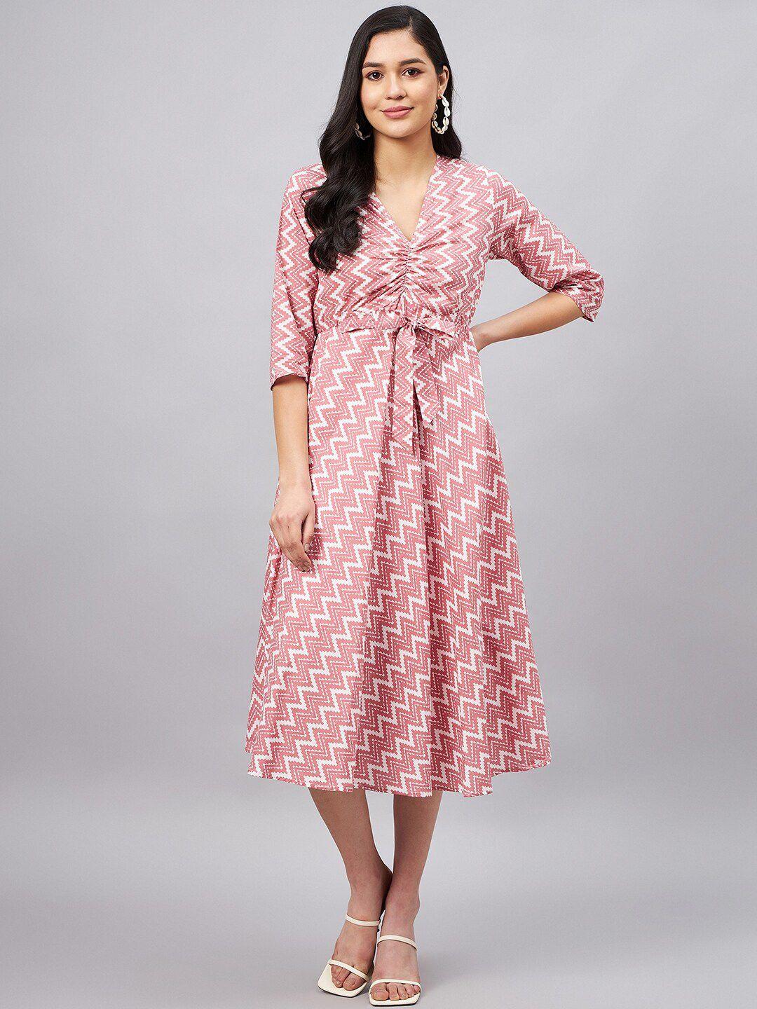 winered geometric printed v-neck pure cotton fit and flare midi dress