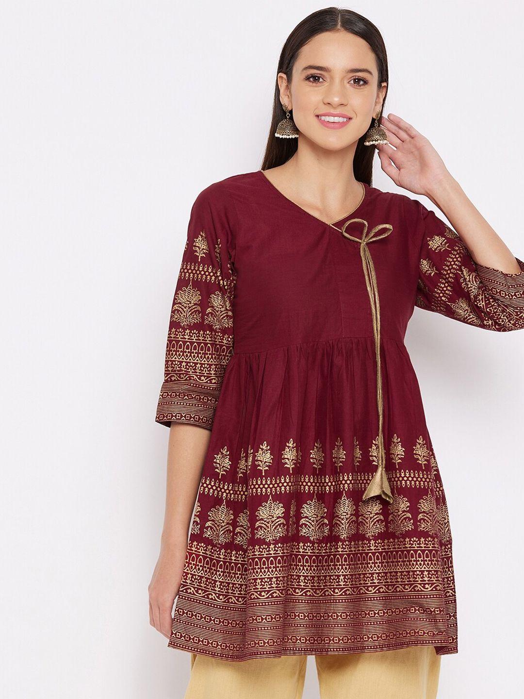 winered maroon & gold-toned printed tunic