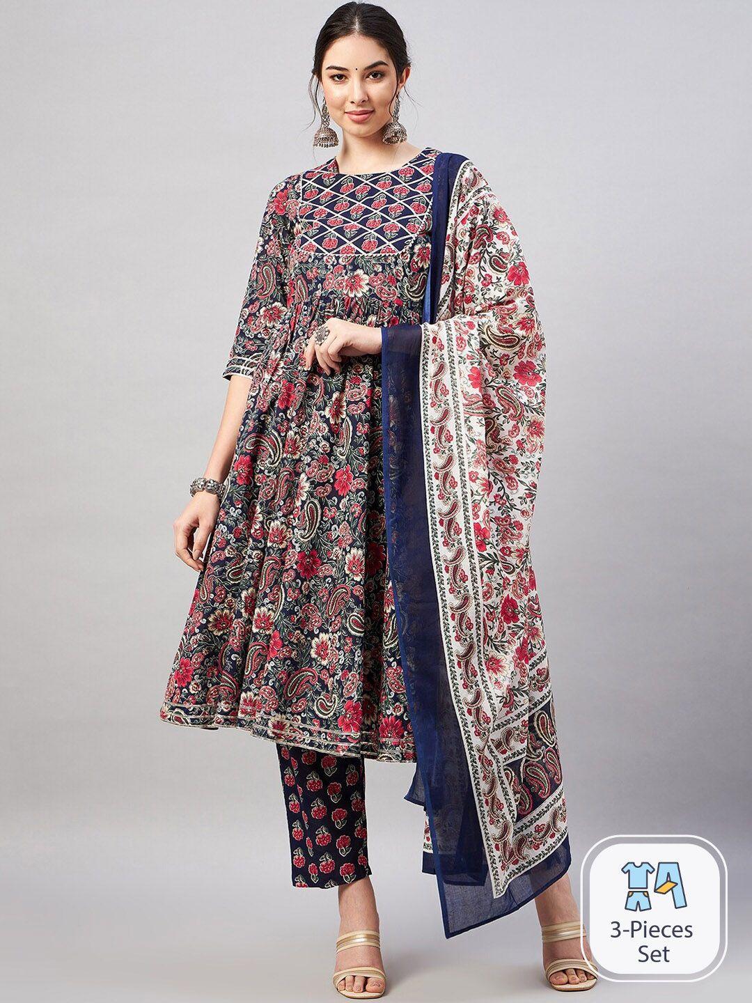 winered paisley printed gotta patti pure cotton anarkali kurta with palazzos & dupatta