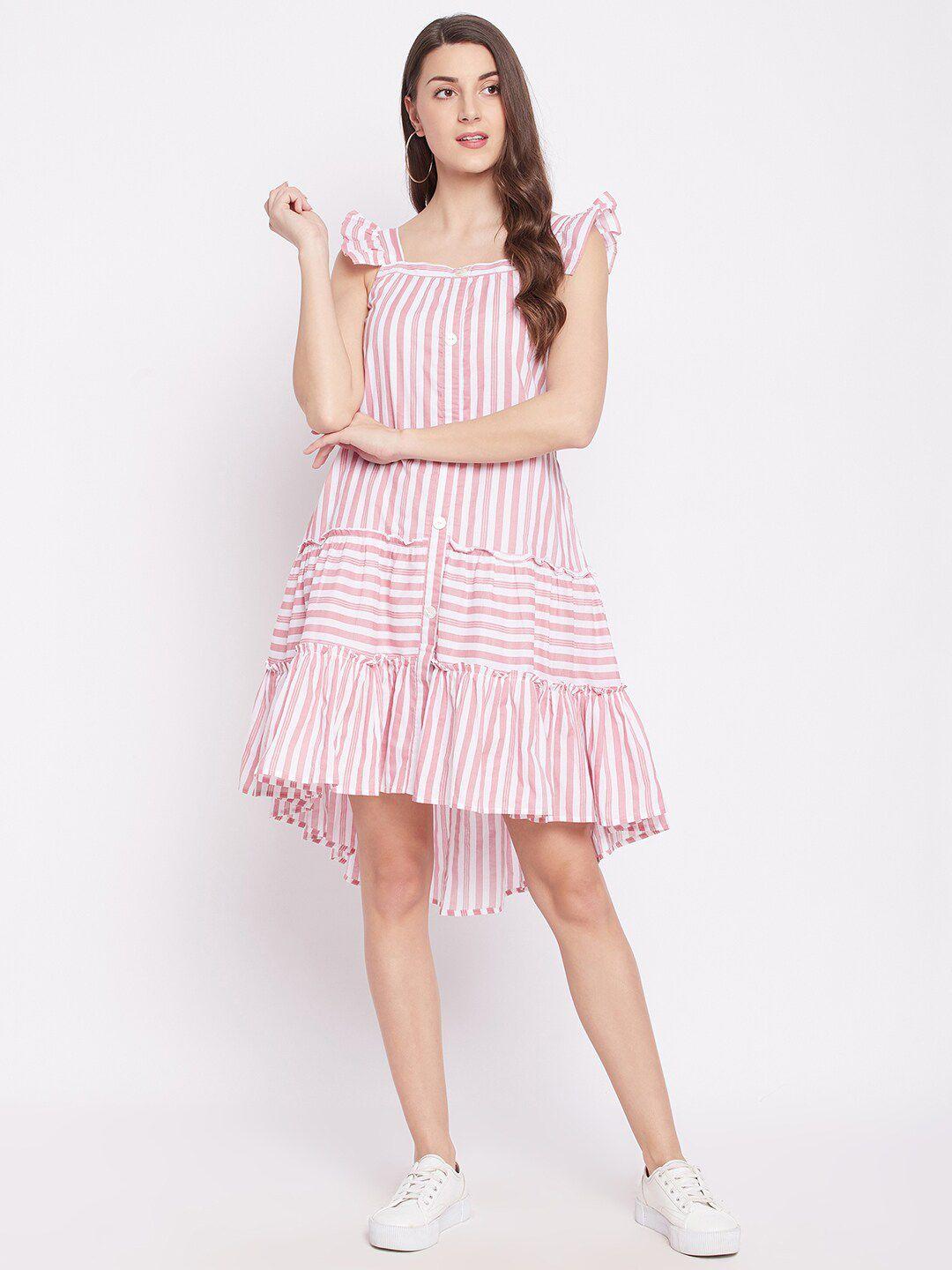 winered pink & white striped drop-waist pure cotton midi dress